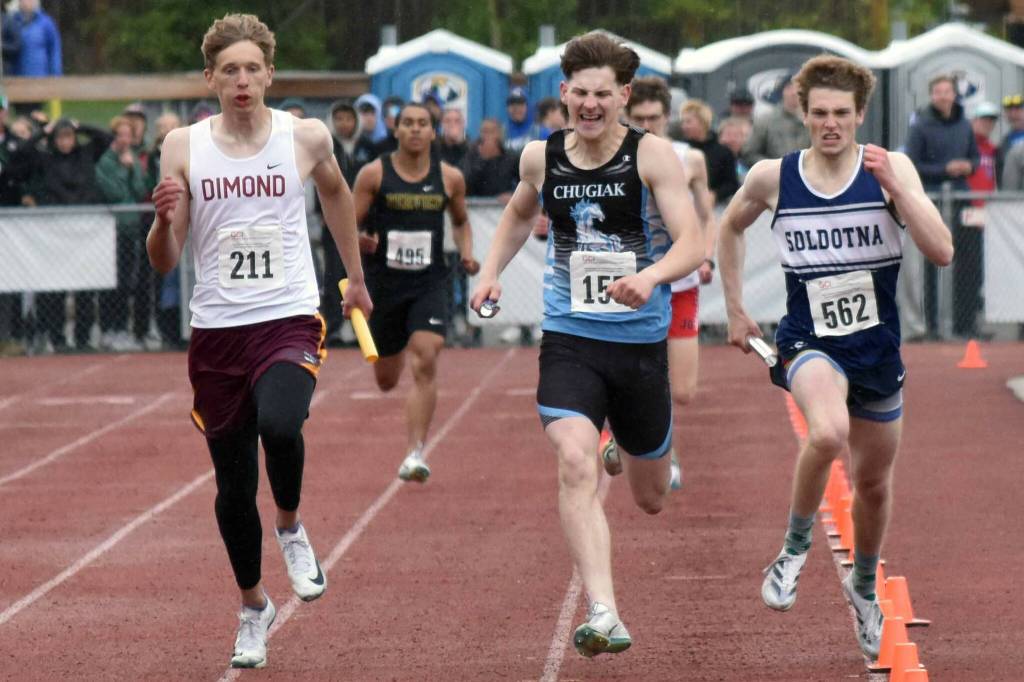 Soldotna's James Innes wins the 1,600-meter relay from, as he called it, "Lane 0" on Saturday, May 31, 2025, at the Division I state track meet at Dimond High School in Anchorage, Alaska. West Valley was second in the race, while Chugiak was third. That meant Soldotna and Chugiak tied for the boys team title. (Photo by Jeff Helminiak/Peninsula Clarion)