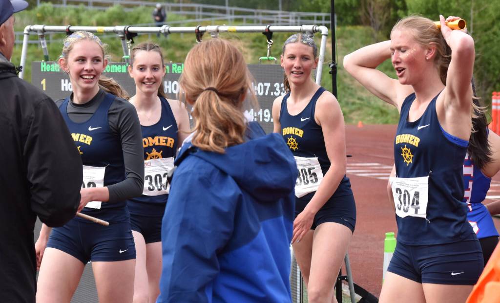 Homers Brightly Thoning, Beatrix McDonough, Maddy Miotke and Gracie Miotke won the 1,600-meter relay Saturday, May 31, 2025, at the Division II state track meet at Dimond High School in Anchorage, Alaska. (Photo by Jeff Helminiak/Peninsula Clarion)