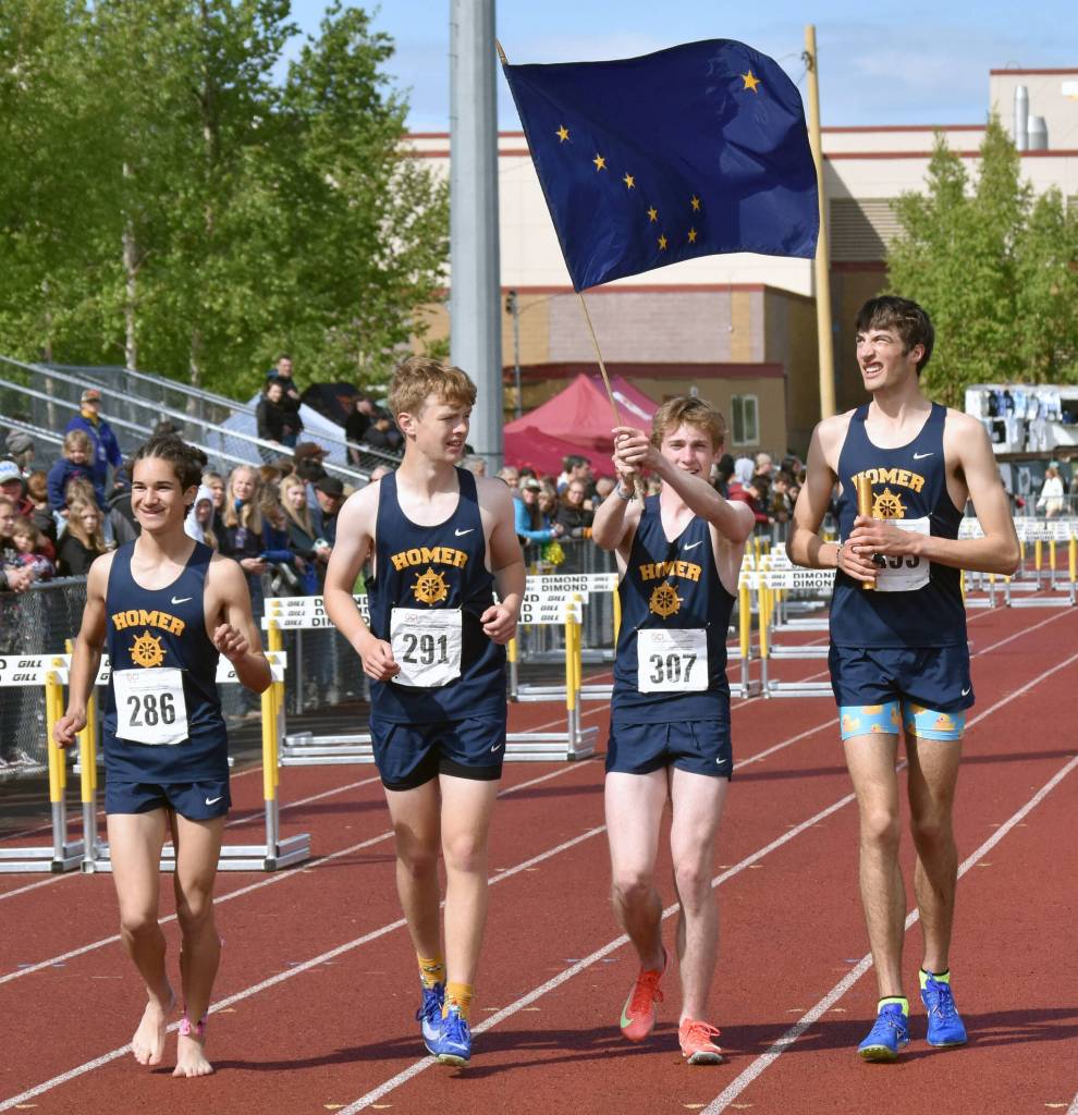 Homers 3,200-meter relay of Jai Badajos, Caleb Bunker, Tait Ostrom and Johannes Bynagle won Saturday, May 31, 2025, at the Division II state track meet at Dimond High School in Anchorage, Alaska. (Photo by Jeff Helminiak/Peninsula Clarion)