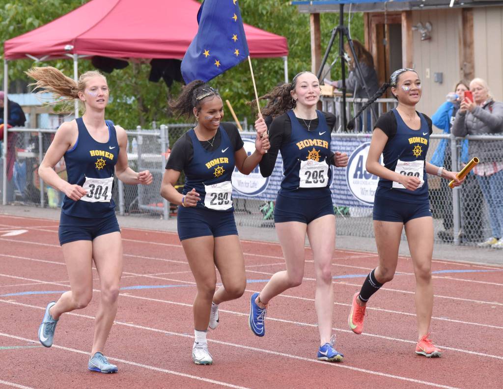 Homers Gracie Miotke, Jaelynn Kennon, Molly Evans and Immi Im won the 400-meter relay Saturday, May 31, 2025, at the Division II state track meet at Dimond High School in Anchorage, Alaska. (Photo by Jeff Helminiak/Peninsula Clarion)