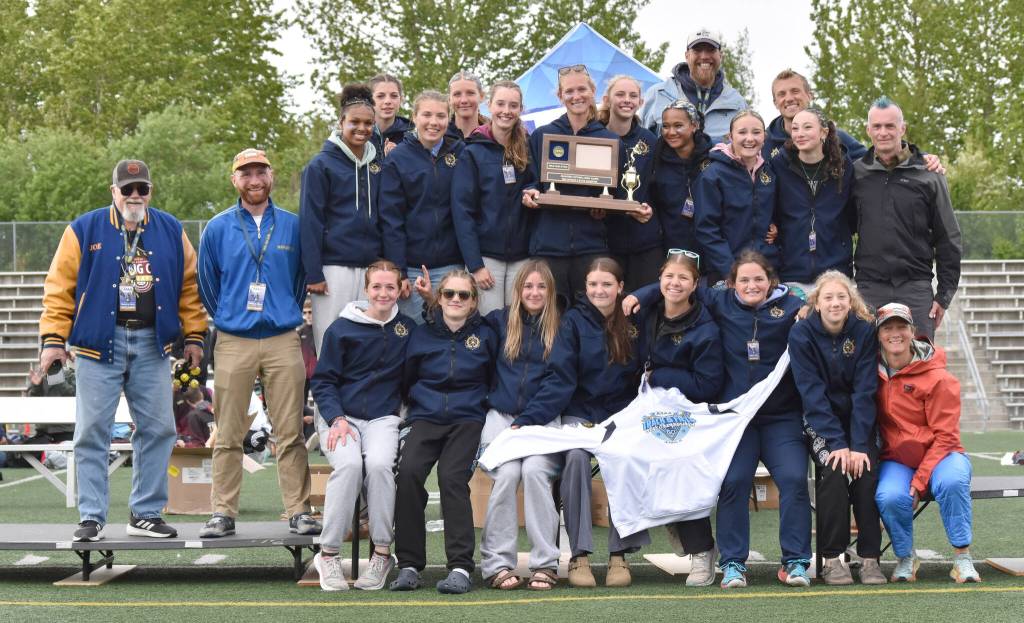 The Homer girls won the team title and sportsmanship award Saturday, May 31, 2025, at the Division II state track meet at Dimond High School in Anchorage, Alaska. (Photo by Jeff Helminiak/Peninsula Clarion)
