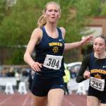 Homer's Gracie Miotke wins the 100-meter dash Saturday, May 31, 2025, at the Division II state track meet at Dimond High School in Anchorage, Alaska. (Photo by Jeff Helminiak/Peninsula Clarion)