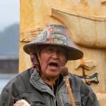Carver Herb Sheakley sings at the Fishermans Honor Totem Pole Ceremony in Hoonah on Friday, May 30, 2025. (Jasz Garrett / Juneau Empire)