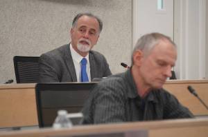 Borough Mayor Peter Micciche speaks during a meeting of the Kenai Peninsula Borough Assembly in Soldotna, Alaska, on Tuesday, May 6, 2025. (Jake Dye/Peninsula Clarion)