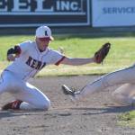 Homers Austin Briscoe steals second base in front of Kenai Centrals Everett Chamberlain at the Division II state baseball tournament Thursday, June 6, 2025, at Coral Seymour Memorial Park in Kenai, Alaska. (Photo by Jeff Helminiak/Peninsula Clarion)
