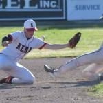 Homer's Austin Briscoe steals second base in front of Kenai Central's Everett Chamberlain at the Division II state baseball tournament Thursday, June 6, 2025, at Coral Seymour Memorial Park in Kenai, Alaska. (Photo by Jeff Helminiak/Peninsula Clarion)