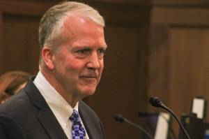 U.S. Sen. Dan Sullivan (R-Alaska) delivers his annual speech to the Alaska Legislature on Thursday, March 20, 2025. (Jasz Garrett / Juneau Empire file photo)