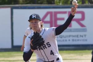 Soldotna's Matthew Schilling delivers to Monroe Catholic at the Division II state baseball tournament at Coral Seymour Memorial Park in Kenai, Alaska, on Friday, June 6, 2025. (Photo by Jeff Helminiak/Peninsula Clarion)