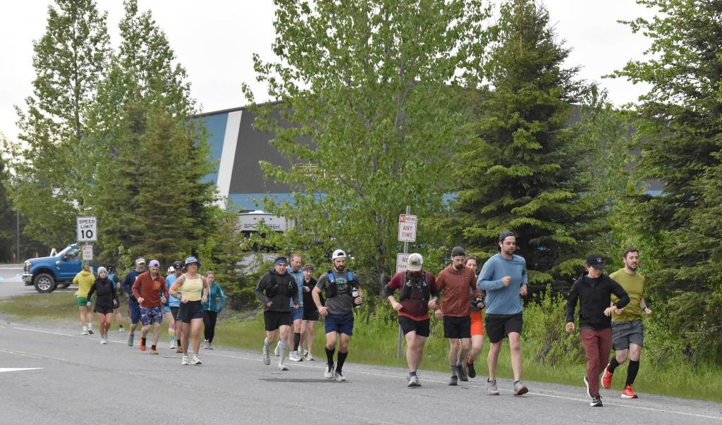 Runners take off on another loop at the Tsalteshi Backyard Ultra on Friday, June 6, 2025, in Soldotna, Alaska. (Photo by Jeff Helminiak/Peninsula Clarion)