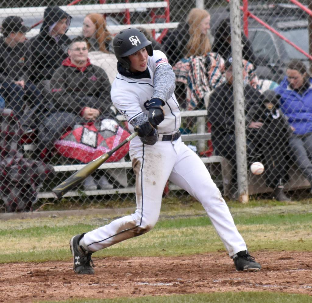 Soldotnas Brett Hostetler bats against Kenai Central at the Division II state baseball tournament at Coral Seymour Memorial Park in Kenai, Alaska, on Saturday, June 7, 2025. (Photo by Jeff Helminiak/Peninsula Clarion)