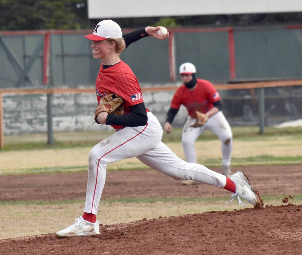 Kenai Centrals Jacob Joanis delivers to Soldotna at the Division II state baseball tournament at Coral Seymour Memorial Park in Kenai, Alaska, on Saturday, June 7, 2025. (Photo by Jeff Helminiak/Peninsula Clarion)