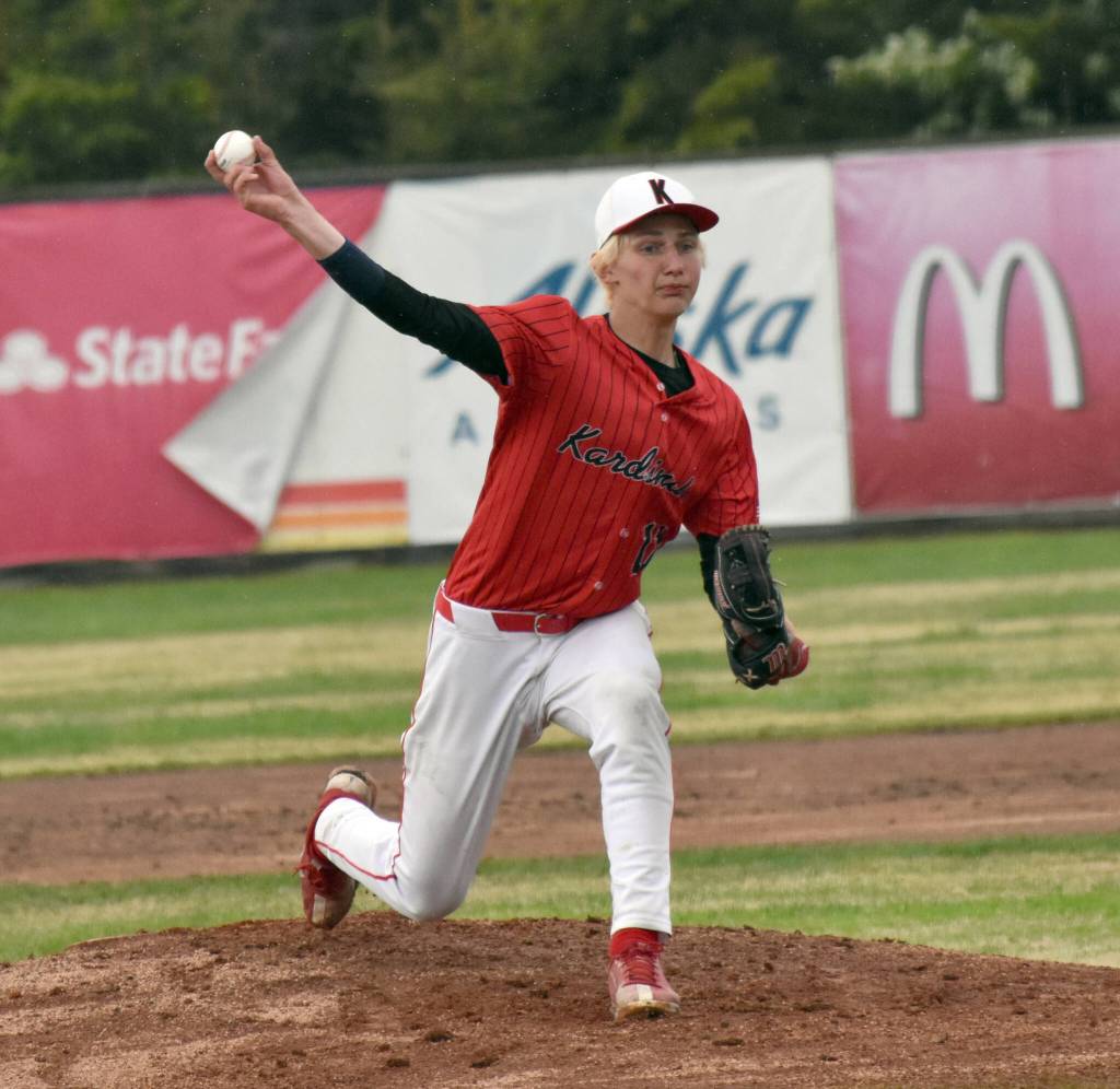 Kenai Centrals Braden Smith delivers to Soldotna at the Division II state baseball tournament at Coral Seymour Memorial Park in Kenai, Alaska, on Saturday, June 7, 2025. (Photo by Jeff Helminiak/Peninsula Clarion)