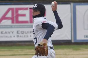 Soldotna's Trenton Ohnemus delivers to Kenai Central at the Division II state baseball tournament at Coral Seymour Memorial Park in Kenai, Alaska, on Saturday, June 7, 2025. (Photo by Jeff Helminiak/Peninsula Clarion)