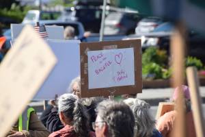 A demonstrator holds up a sign during the No Kings protest on Saturday, June 14, 2025, at WKFL Park in Homer, Alaska. (Chloe Pleznac/Homer News)