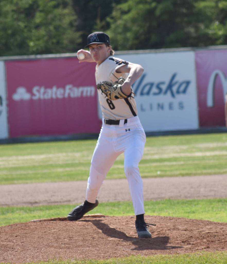 Jack Zuspan delivers to the Post 20 Twins on Friday, June 20, 2025, in the Lance Coz Wood Bat Tournament at Coral Seymour Memorial Park in Kenai, Alaska. (Photo by Jeff Helminiak/Peninsula Clarion)