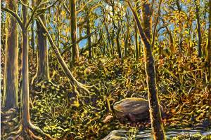 "Woodland Moon" is a 2023 acrylic painting by Dan Coe on display through June 2025 at the Art Shop Gallery in Homer, Alaska. Photo by Christina Whiting