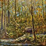 Woodland Moon is a 2023 acrylic painting by Dan Coe on display through June 2025 at the Art Shop Gallery in Homer, Alaska. Photo by Christina Whiting