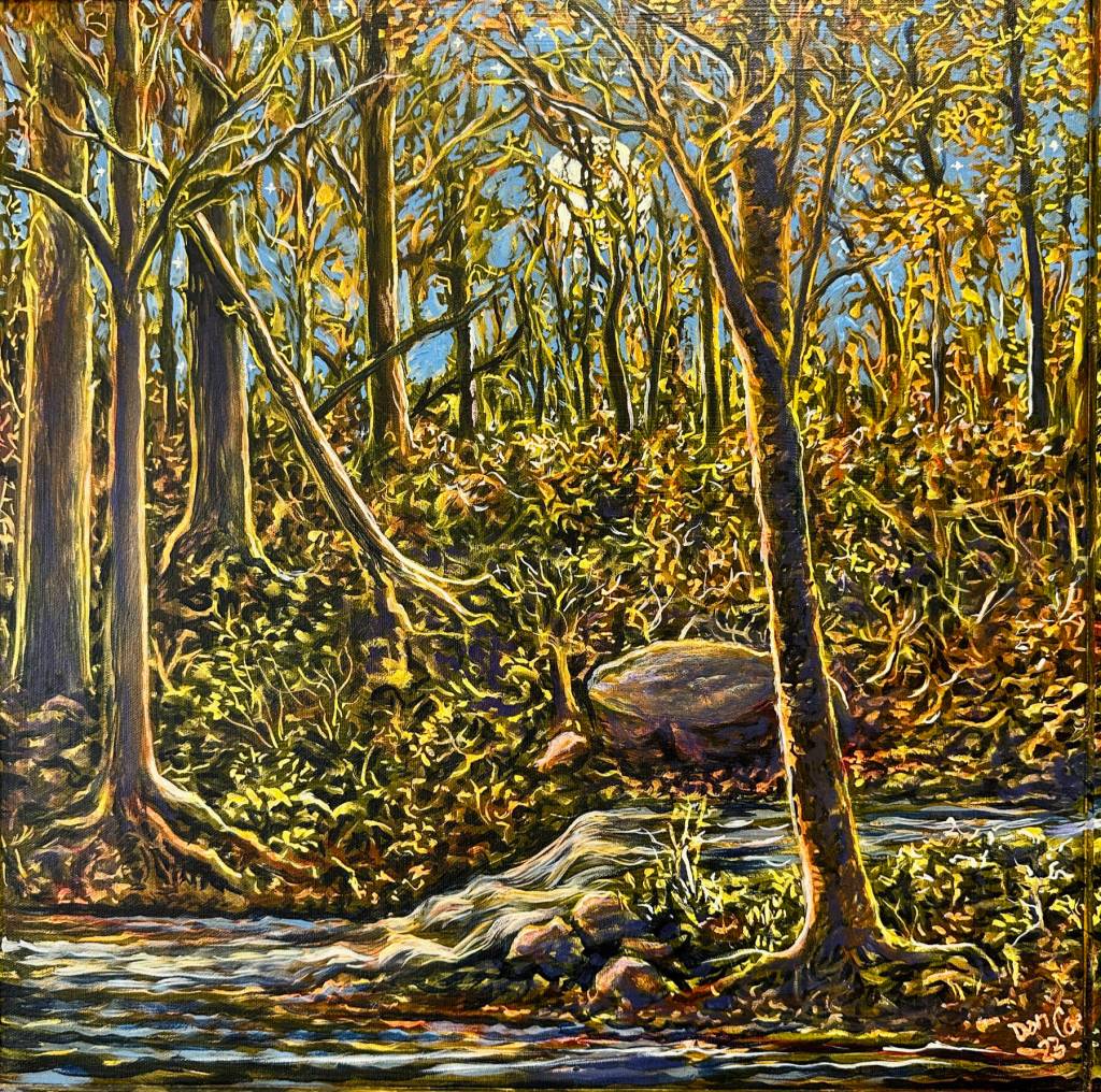 Woodland Moon is a 2023 acrylic painting by Dan Coe on display through June 2025 at the Art Shop Gallery in Homer, Alaska. Photo by Christina Whiting