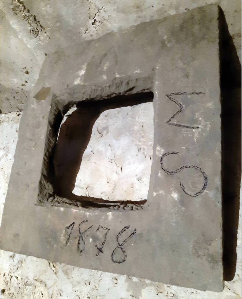 Photo courtesy of the Melchior Family Collection
This handmade cover plate adorned the chimney of Stephan Melchiors family in Ingedorf, Germany. In 1878, the year he turned 20, Stephan carved the date and his initials into the material.