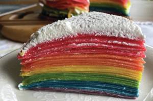 This cake stacks colored crepes for a brilliant rainbow breakfast. (Photo by Tressa Dale/Peninsula Clarion)