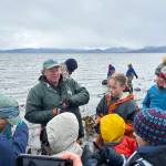 KBNERR Education and Harmful Species Monitoring Program staff host McNeil Canyon Elementary School students at Pier One Beach in May 2025 to monitor for invasive European green crabs. Students assisted with checking traps and recording data of native crab and fish species caught and released. Photo courtesy of Katherine Schake
