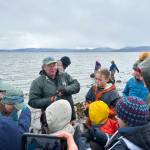 KBNERR Education and Harmful Species Monitoring Program staff host McNeil Canyon Elementary School students at Pier One Beach in May 2025 to monitor for invasive European green crabs. Students assisted with checking traps and recording data of native crab and fish species caught and released. Photo courtesy of Katherine Schake