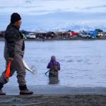 A salmon is carried from the mouth of the Kasilof River in Kasilof, Alaska, early in the morning of the first day of the Kasilof River personal use sockeye salmon dipnet fishery on Wednesday, June 25, 2025. (Jake Dye/Peninsula Clarion)
