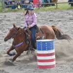 Soldotnas Jayda Williams competes in Open Barrels on Saturday, June 28, 2025, in the second Soldotna Equestrian Association rodeo of the year at the Soldotna Rodeo Grounds in Soldotna, Alaska. (Photo by Jeff Helminiak/Peninsula Clarion)