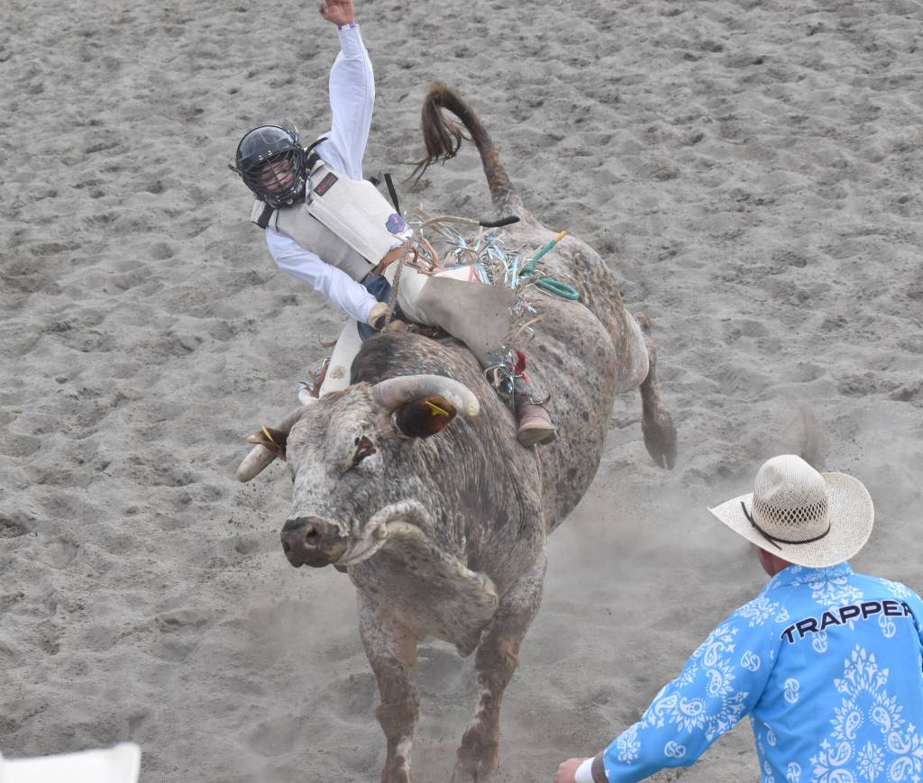 Blake Mclain competes in Bull Riding on Saturday, June 28, 2025, in the second Soldotna Equestrian Association rodeo of the year at the Soldotna Rodeo Grounds in Soldotna, Alaska. (Photo by Jeff Helminiak/Peninsula Clarion)