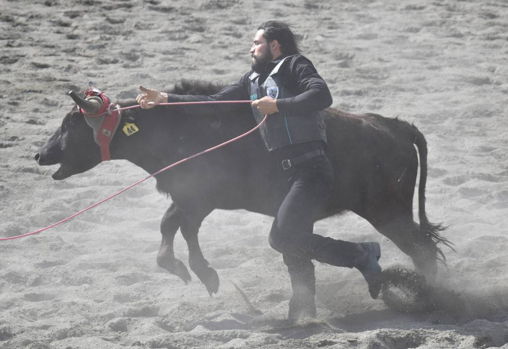 Soldotnas Abraham Van Hout competes in Double Mugging on Saturday, June 28, 2025, in the second Soldotna Equestrian Association rodeo of the year at the Soldotna Rodeo Grounds in Soldotna, Alaska. (Photo by Jeff Helminiak/Peninsula Clarion)