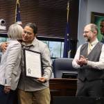 X̱unei Lance Twitchell receives his legislative citation from Rep. Andi Story, D Juneau, at a ceremony at the Alaska State Capitol on Saturday, June 28, 2025. (Ellie Ruel / Juneau Empire)