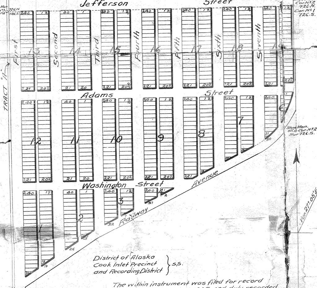 This map from 1905 shows a portion of the blocks and lots created in the early history of Seward. Steve Melchior owned two or three of the lots in Block 12, part of an area (adjacent to the mountainside and close to Resurrection Bay) known then as Home Brew Alley. (Graphic courtesy of the Resurrection Bay Historical Society)