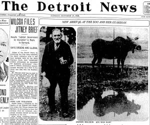 The front page of the Detroit News on Oct. 14, 1928, featured photos of Steve Melchior and his pet moose Elsie. Melchior had traveled with Elsie from Seward to Detroit by steamship and railroad.