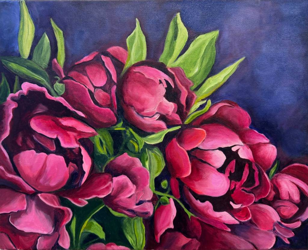 Red on Purple is an acrylic painting by Gerri Martin on display through July 2025 in her exhibit of peony paintings at Fireweed Gallery in Homer, Alaska. Photo provided by Fireweed Gallery