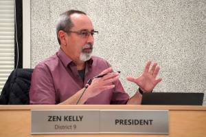 Board President Zen Kelly speaks during a meeting of the Kenai Peninsula Borough School Districts Board of Education in Soldotna, Alaska, on Monday, Dec. 2, 2024. (Jake Dye/Peninsula Clarion)