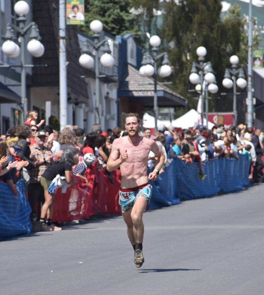Lars Arneson, 35, of Anchorage finishes the mens race at the Mount Marathon Race on July 4, 2025, in Seward, Alaska. (Photo by Jeff Helminiak/Peninsula Clarion)