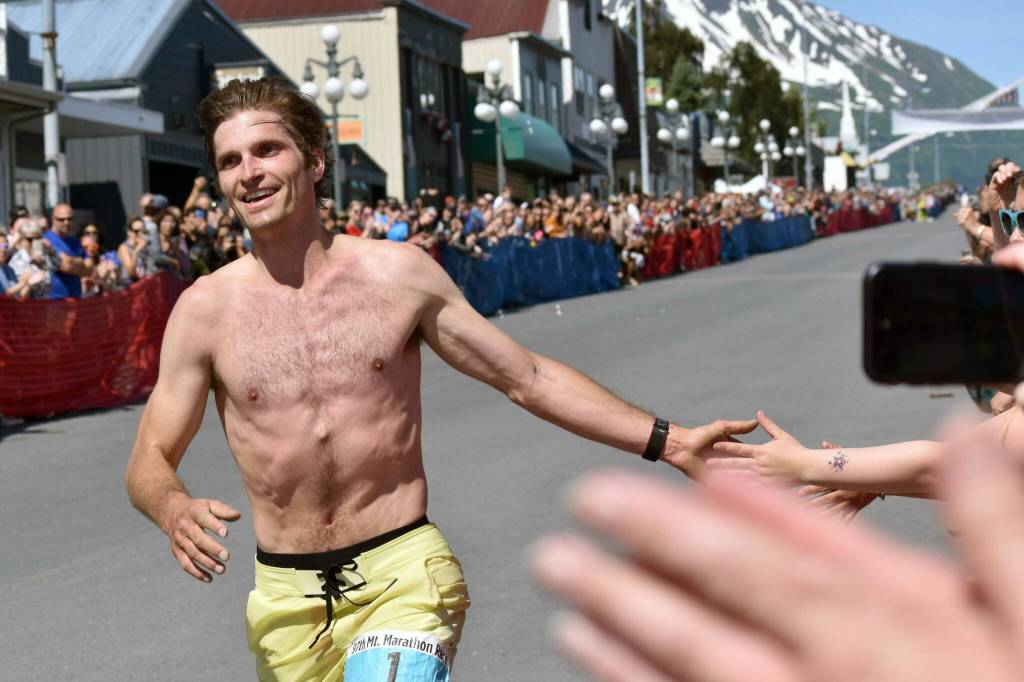 David Norris, 34, of Steamboat Springs, Colorado, wins the mens race at the Mount Marathon Race on July 4, 2025, in Seward, Alaska. (Photo by Jeff Helminiak/Peninsula Clarion)