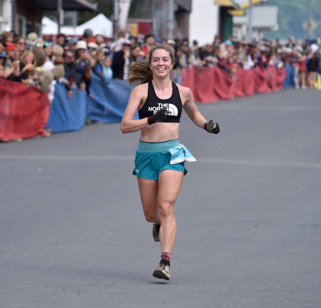 Anchorages Klaire Rhodes, 27, wins the womens race at the Mount Marathon Race on July 4, 2025, in Seward, Alaska. (Photo by Jeff Helminiak/Peninsula Clarion)