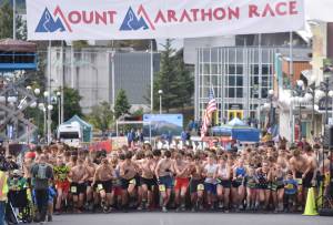 The juniors start at the Mount Marathon Race on July 4, 2025, in Seward, Alaska. (Photo by Jeff Helminiak/Peninsula Clarion)