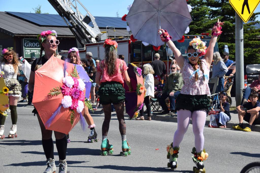 The Homer Bay Rollers rollerskate down Pioneer Avenue during the Fourth of July parade on Friday, July 4, 2025, in Homer, Alaska. (Delcenia Cosman/Homer News)