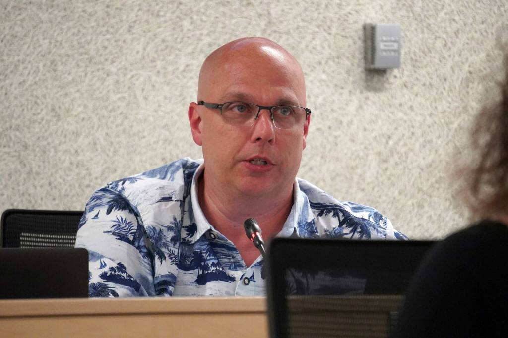 Vice President Jason Tauriainen speaks during a meeting of the Kenai Peninsula Borough School District Board of Education in Soldotna, Alaska, on Monday, July 7, 2025. (Jake Dye/Peninsula Clarion)