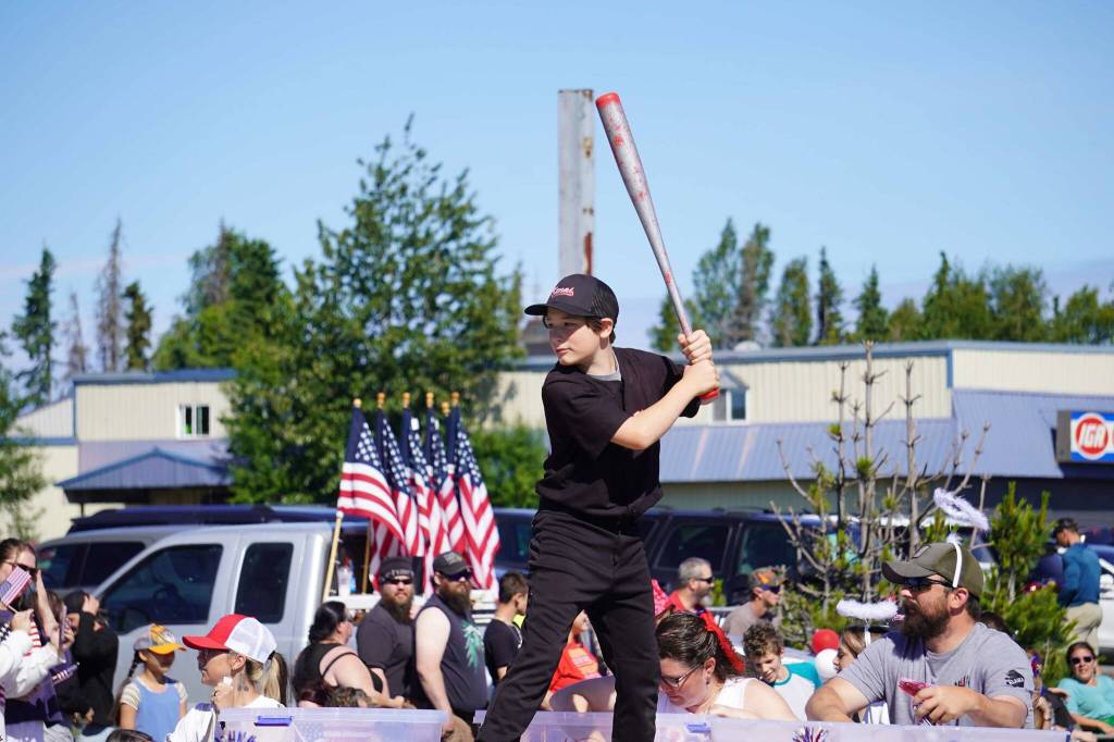 A float representing Kenai Little League participates in a Fourth of July parade on South Willow Street in Kenai, Alaska, on July 4, 2025. (Photo courtesy Sarah Every)