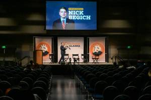Rep. Nick Begich III, R-Alaska, delivers his keynote address to approximately 40 people, most of whom are from out of state, at the end of the Bitcoin Alaska conference on Sunday. (Jasz Garrett / Juneau Empire)