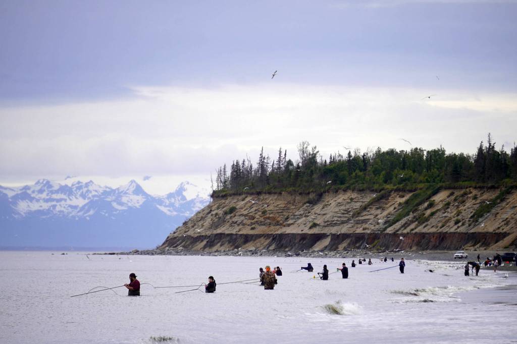 Nets are extended from North Kenai Beach in Kenai, Alaska, during the first day of the Kenai River personal use dipnet fishery on Thursday, July 10, 2025. (Jake Dye/Peninsula Clarion)