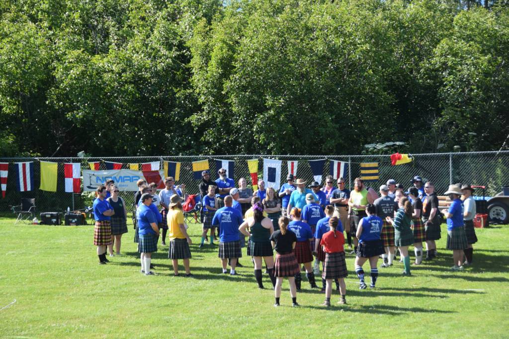 Athletes gather at the beginning of the 2025 Kachemak Bay Highland Games on July 5 at Karen Hornaday Park. (Chloe Pleznac/Homer News)