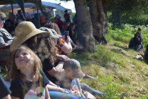 A crowd watches the 2025 Kachemak Bay Highland Games on July 5 at Karen Hornaday Park. (Chloe Pleznac/Homer News)