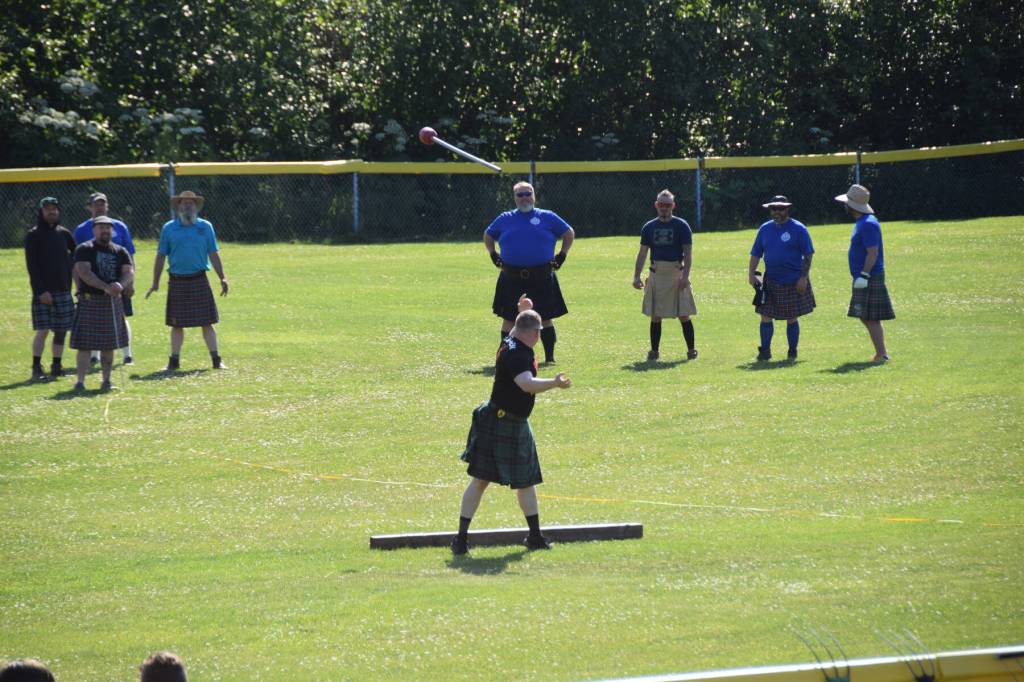 An athlete throws during the 2025 Kachemak Bay Highland Games on July 5 at Karen Hornaday Park. (Chloe Pleznac/Homer News)