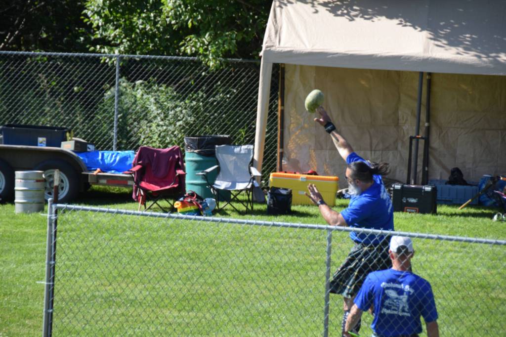 An athlete throws during the 2025 Kachemak Bay Highland Games on July 5 at Karen Hornaday Park. (Chloe Pleznac/Homer News)