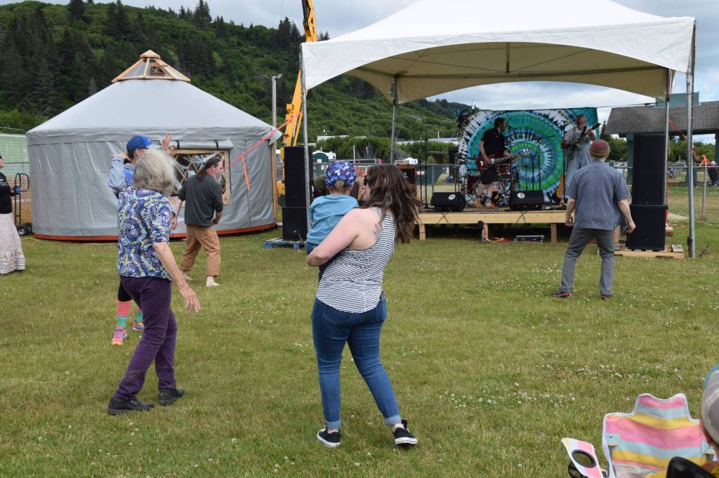 Concert-goers dance to music by The Discopians at Concert on the Lawn on Saturday, July 12, 2025, at Karen Hornaday Park in Homer, Alaska. (Delcenia Cosman/Homer News)