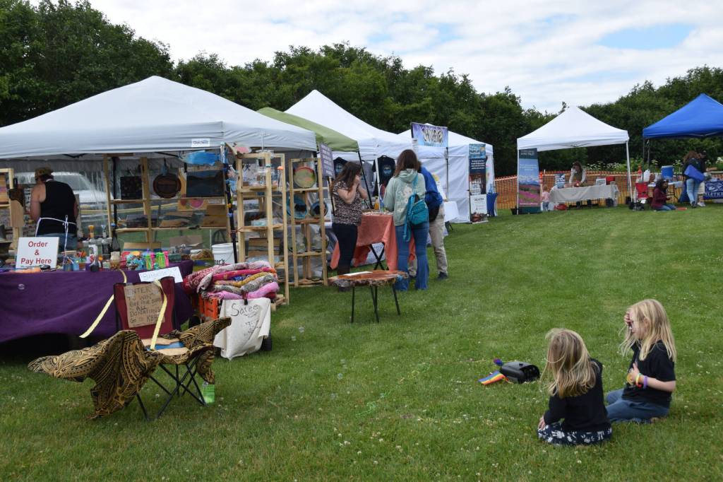 Kids play with a bubble machine set up by one of the vendors at the Concert on the Lawn on Saturday, July 12, 2025, at Karen Hornaday Park in Homer, Alaska. (Delcenia Cosman/Homer News)